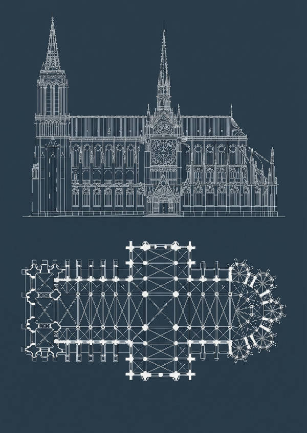 Minimalistisk vit linjeteckning av en storslagen katedral på en enfärgad, djupblå bakgrund, i stående format.