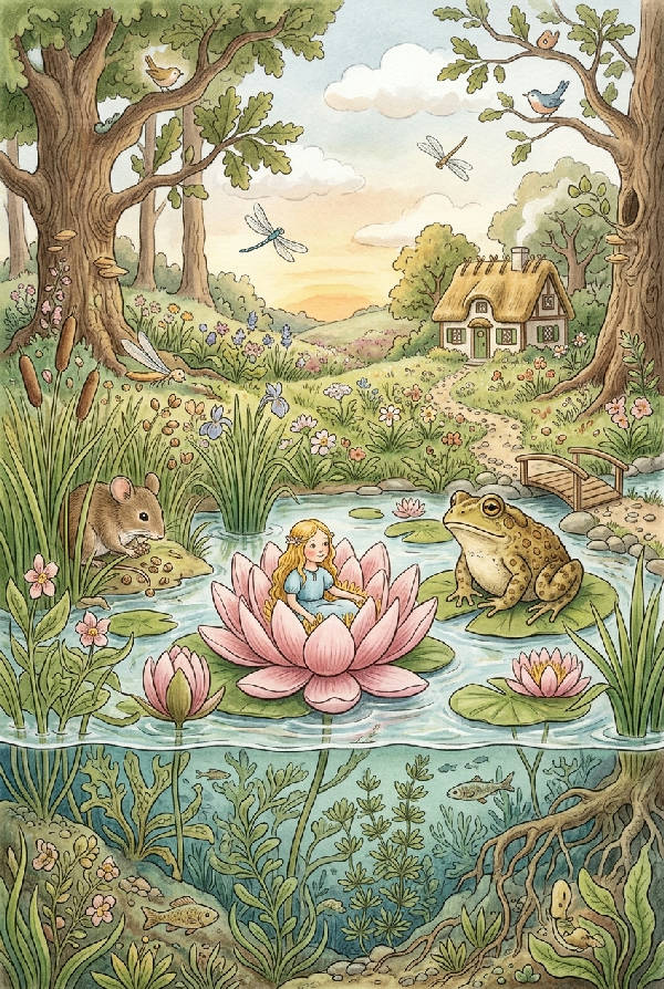 Detaljerad illustration av Tummelisa i en sagoscen, med blommor, fjärilar och mjuka pastellfärger.