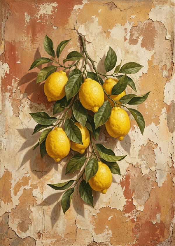 Vintage trompe l'oeil fresco av en citronkvist med löv mot en solblekt putsad vägg