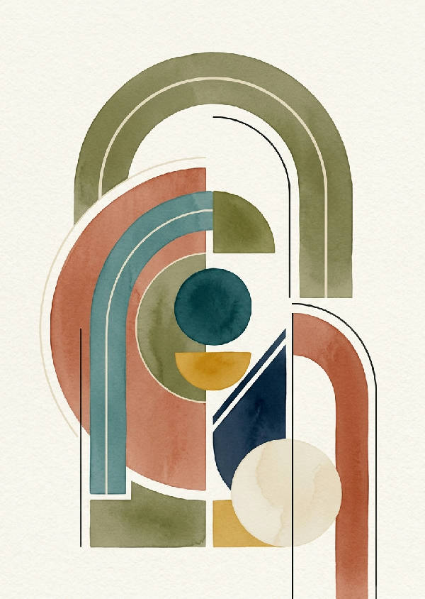 Abstrakt poster i mid-century stil som visar ett valv i dämpade toner av teal och beige.