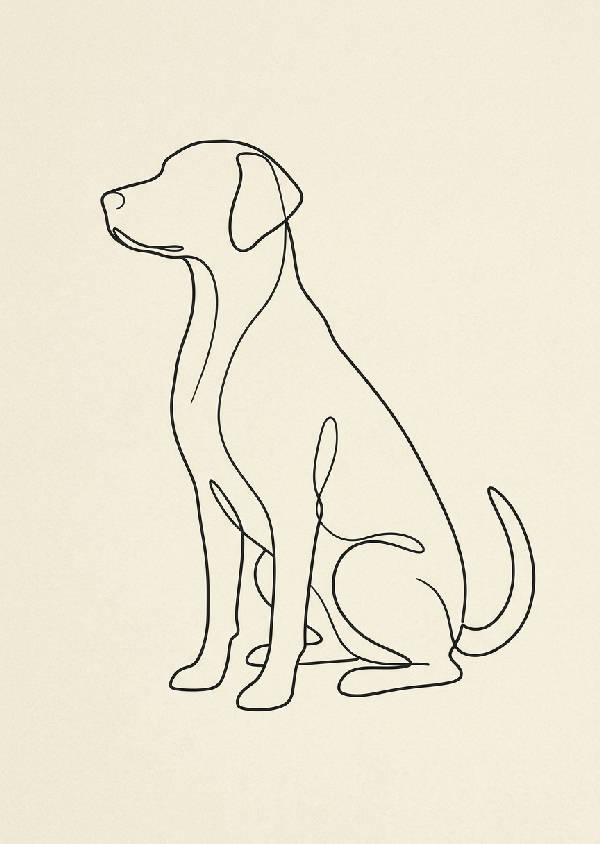 Minimalistisk linjekonst av en hunds ansikte i svart färg på en vit bakgrund, porträttorientering