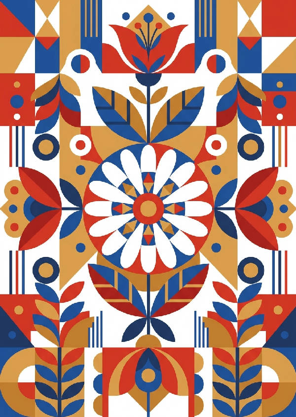 Vertikal illustration som kombinerar svensk Kurbits folkkonst med strikta geometriska Bauhausformer. En symmetrisk botanisk totempåle med överdimensionerade stiliserade tusenskönor och abstrakta blad i rött, koboltblått, ockra och vitt.