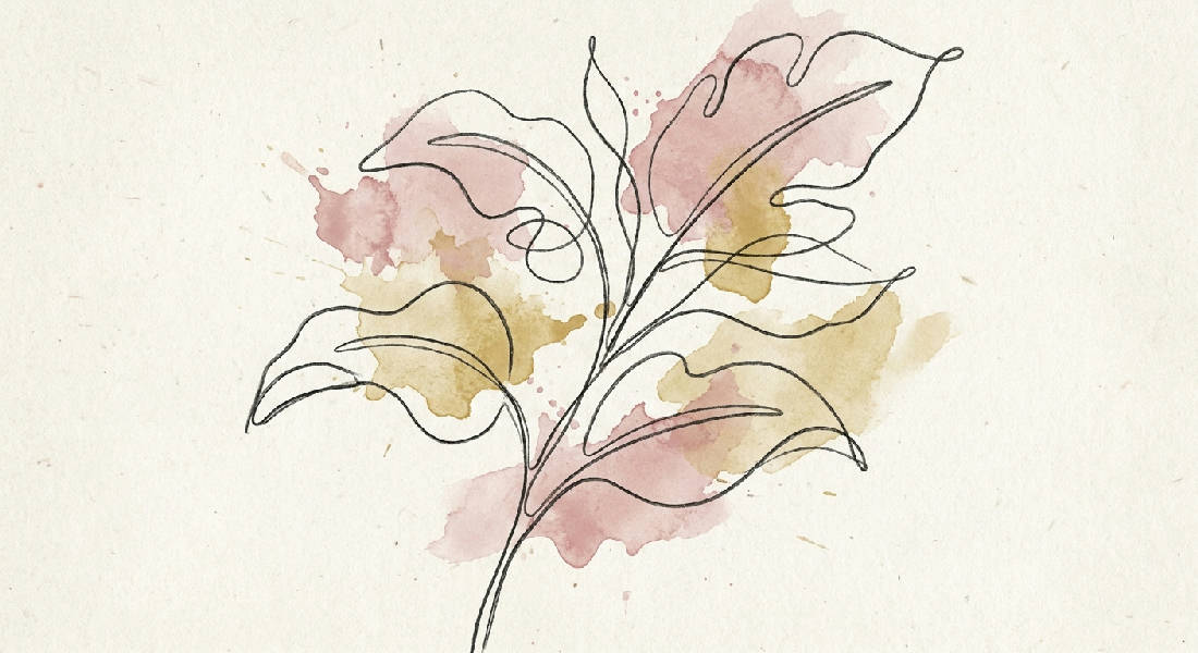 Minimalistisk kontinuerlig linjekonst av en botanisk stjälk med svarta streck och akvarellstänk i dov rosa på vit bakgrund.