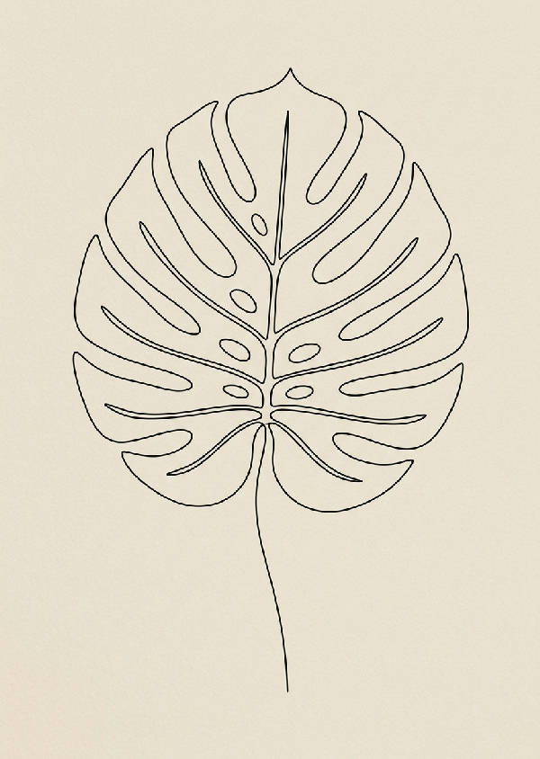 Enkel line art illustration av ett Monstera-blad i svart på en beige bakgrund, porträttorienterad.