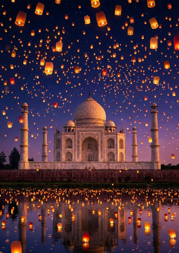 Hyperrealistiskt nattfotografi av Taj Mahal i Indien, omgivet av tusentals svävande papperslyktor. Varma, glödande klot speglas i marmor och vattnet.
