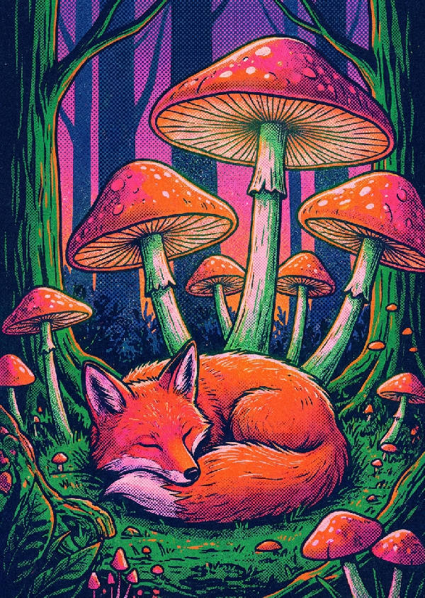 Stiliserad röd räv sover under glödande svampar i tät fantasifull skog, med risografens halvtoneprickar och korniga texturer.