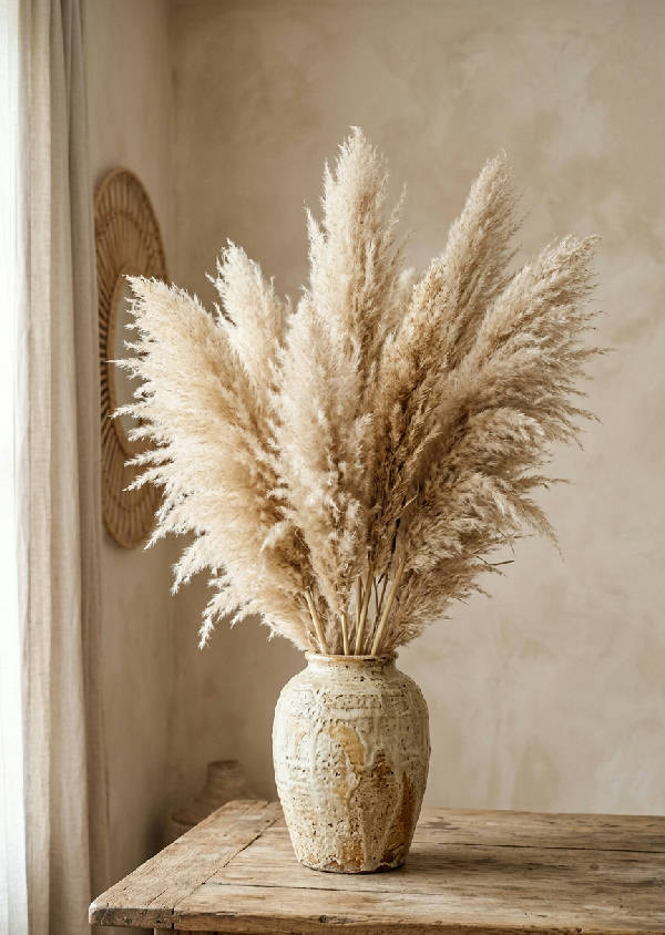 Elegant pampasgräs med fluffiga fröställningar i en enkel beige keramikvas, stående mot en mjukt tonad bakgrund i porträttformat.