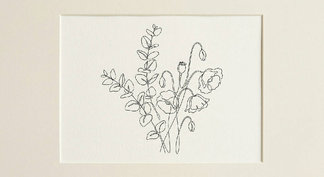 Minimalistisk svart tusch linjeteckning av delikata eukalyptusgrenar och vallmoblommor. Centrerad botanisk illustration på off-white.