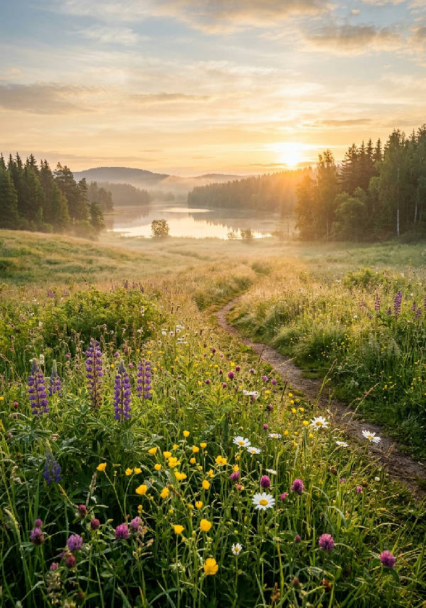 En lugn sommarmorgon med daggiga ängar och vildblommor badade i mjukt gyllene ljus, detaljerad nordisk naturfotografi