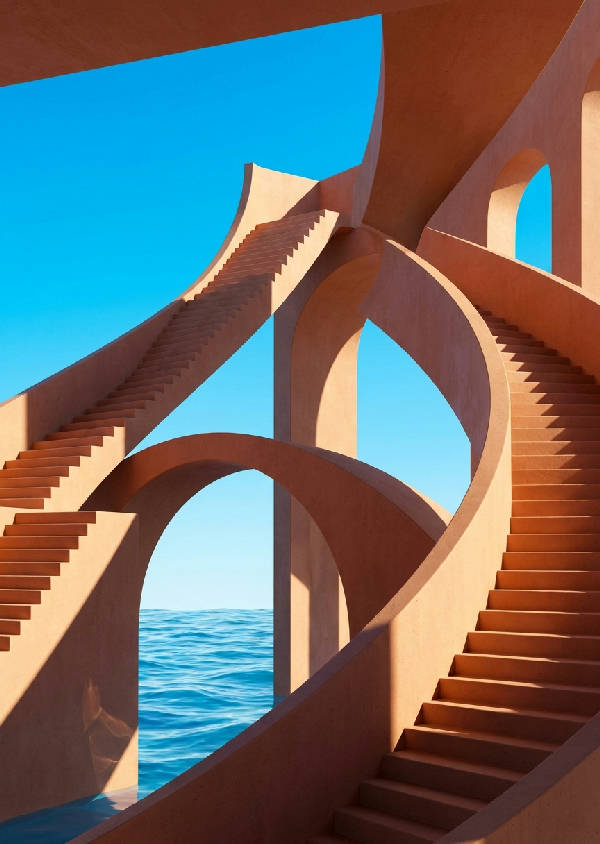 Surrealistisk brutalistisk arkitektur: betongtrappor, bågar i persika/terracotta, ceruleanblå himmel, skarpa skuggor.