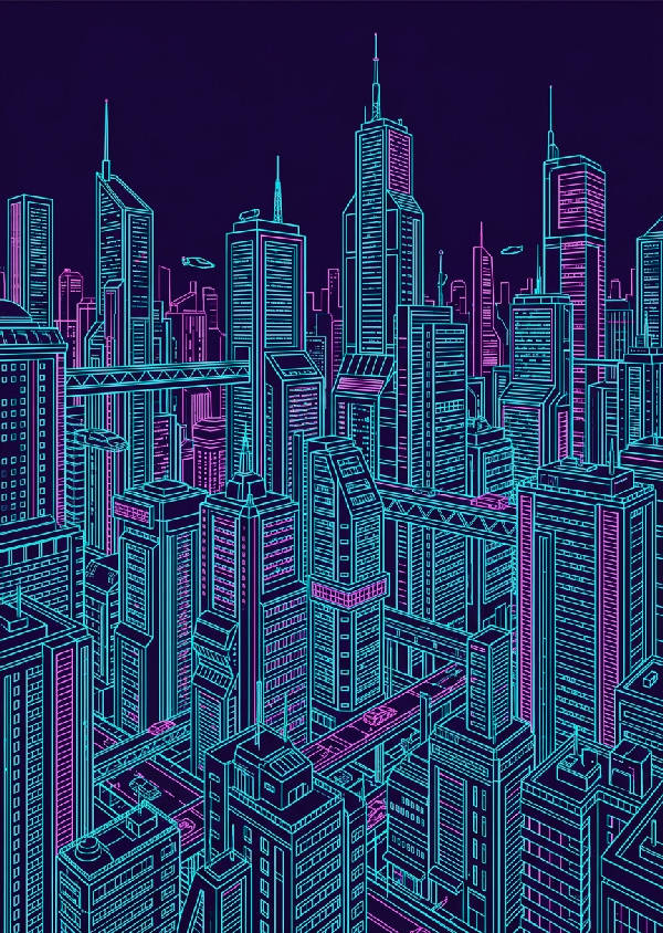 Intrikat cyberpunk stadsbild med glödande cyan och rosa neonlinjer. Skyskrapor och flygande fordon mot en mörk lila bakgrund.