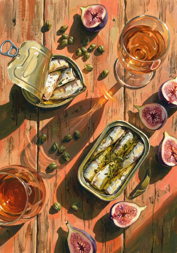 Gouachemålning av ett rustikt medelhavsbord. Sardiner, kapris, fikon, bärnstensvin på trä med varma sommarskuggor.