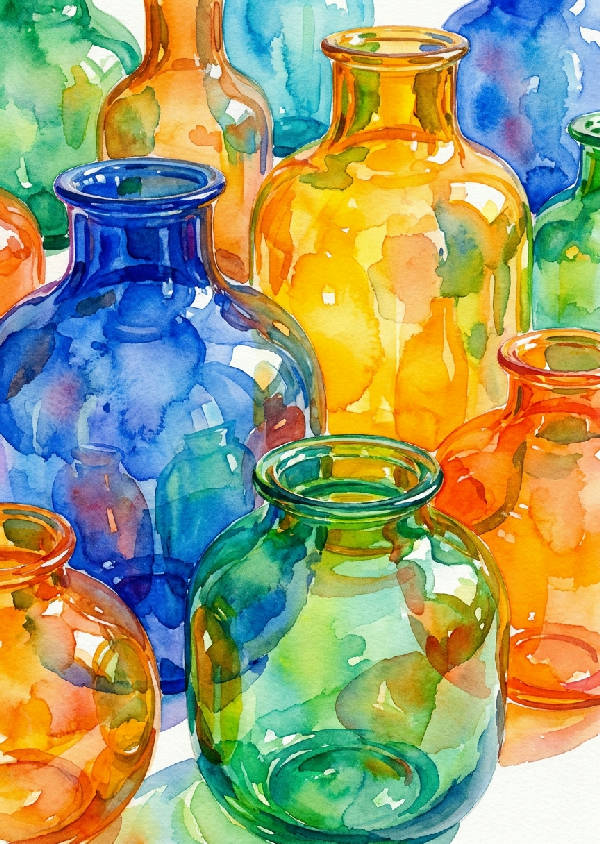 Akvarellmålning av färggranna Murano-glasvaser i klumpig form med solljus som bryts genom transparent glas och livfulla färgskikt.