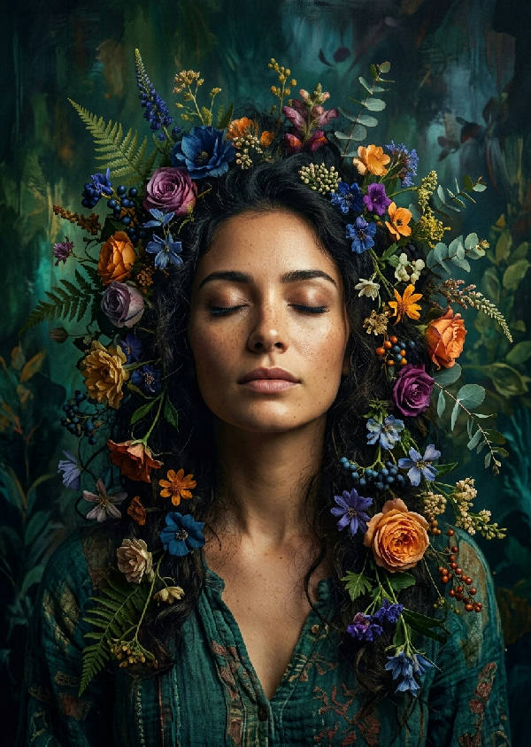 Konstnärligt porträtt av en kvinna med slutna ögon och färgglada blommor i håret, i teal och gröna toner, med dramatisk ljussättning