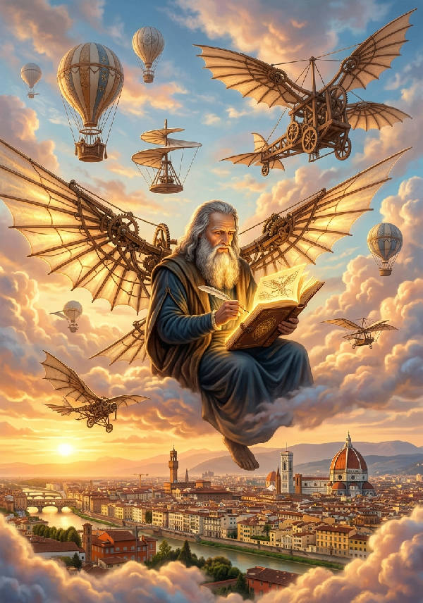 Leonardo da Vinci flyter bland molnen över Florens vid gyllene timmen, omgiven av futuristiska flygmaskiner och varmluftsballonger.