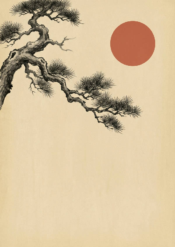 Minimalistisk japansk sumi-e bläcktvättmålning av en gammal vriden tallgren med en röd sol