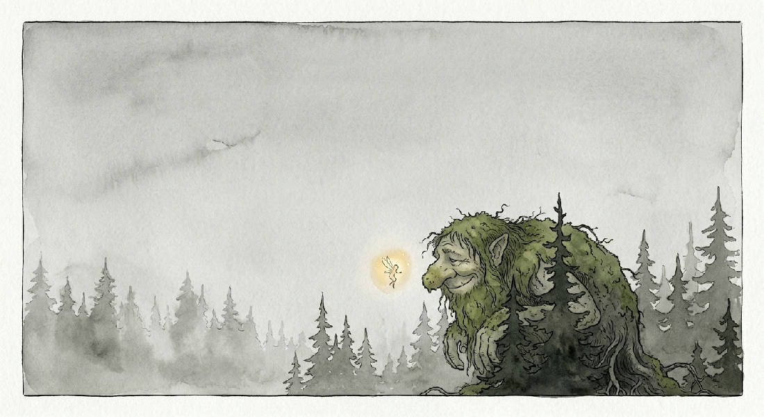 Detaljerad akvarell och tuschillustration av ett gigantiskt, mossbeklätt troll som tittar på en liten, lysande fe i en dimmig tallskog. Konst i John Bauer-stil med Art Nouveau-inslag. Färgpalett i mossgrönt, dimgrått, mjukt guld och kol.