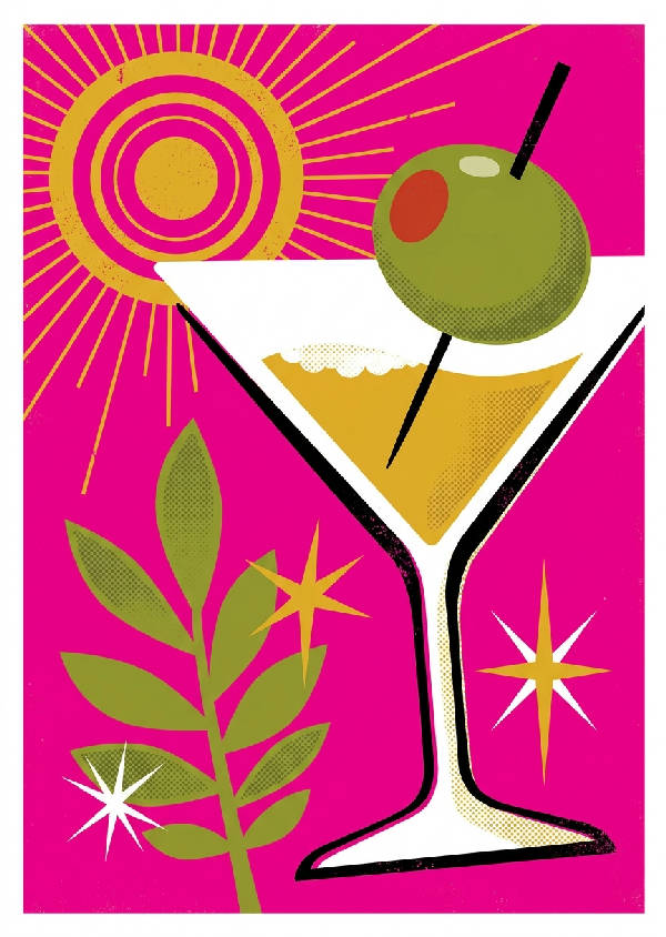 Stiliserat martini glas med en stor grön oliv på en livfull rosa bakgrund i en djärv grafisk stil.