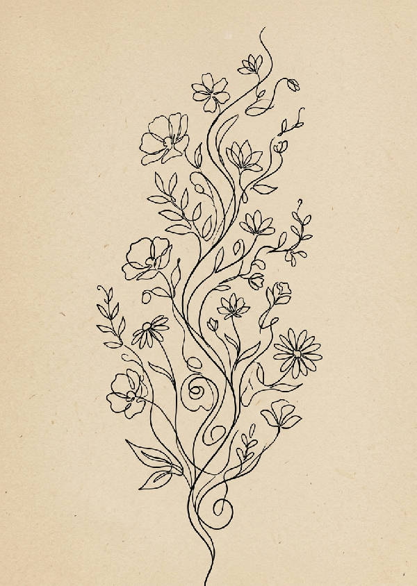 Minimalistisk illustration med klättrande blommor i tunna svarta linjer mot en ljus bakgrund, stående format.