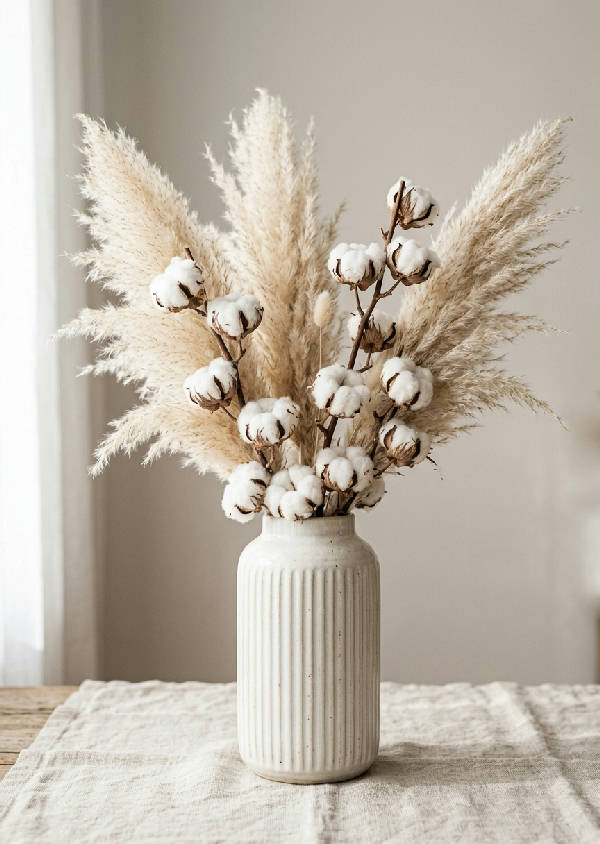 Närbild av torkat pampasgräs och vita bomullsblommor i en räfflad keramikvas på ljust linnetyg med mjuka skuggor. Beige och grå nyanser.