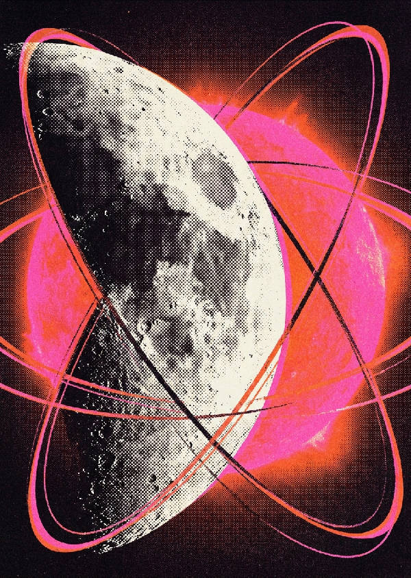 Retro risograftryck: kraterfylld månyta, glödande solflamma, orbitala ringar. Neonrosa, bränd orange, svart, benvit.