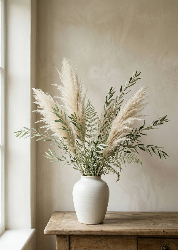 Närbild av ett mjukt fotorealistiskt botaniskt stilleben med torkat pampasgräs, olivkvistar och ormbunkar i en minimalistisk komposition med lugnt morgonljus och neutrala beige och salviagröna toner.
