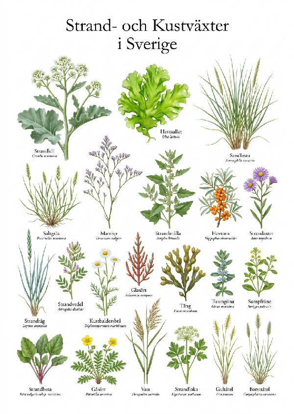 Detaljerad botanisk illustration av svenska kustväxter som strandkål, havtorn och sandlosta, med namnetiketter på vit bakgrund