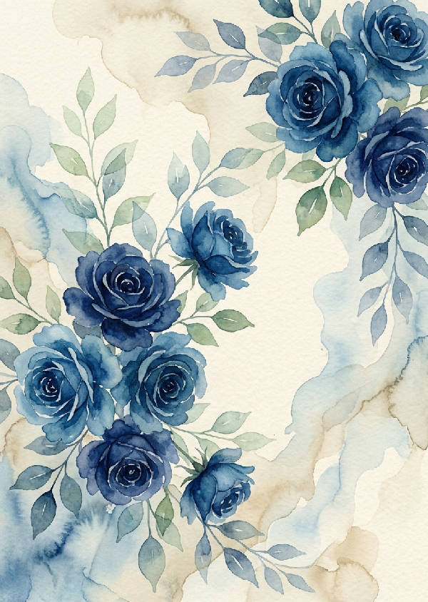 Elegant akvarellposter med stora blå rosor och delikata blad på en mjuk beige bakgrund, flödande organiska former.