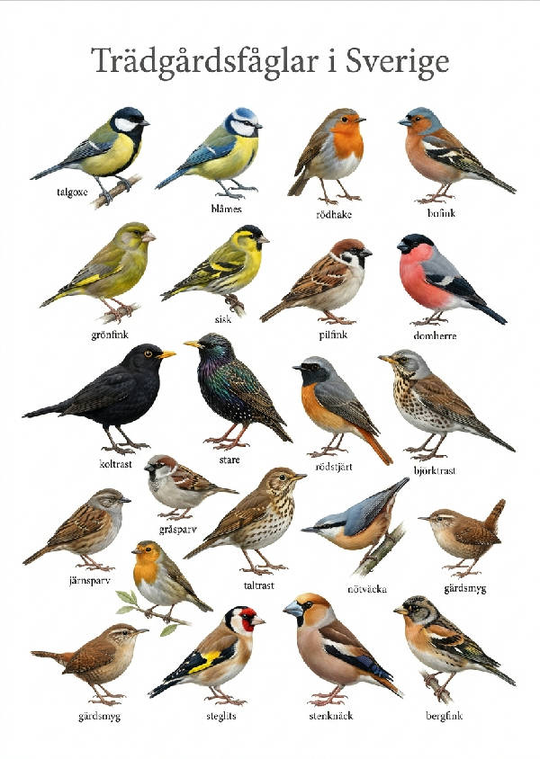 Detaljerad zoologisk illustration av över 20 svenska trädgårdsfåglar på vit bakgrund, varje fågel merkt med sitt svenska namn.