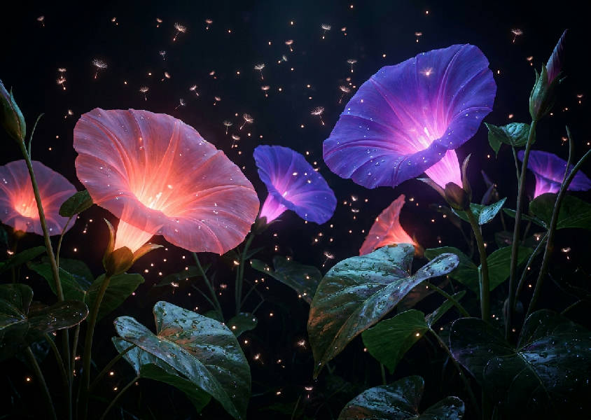 Överdimensionerade lysande måblommor, neonkorall och ultravioletta kronblad, glödande sporer, glansiga texturer. Mörk bakgrund. Stående.