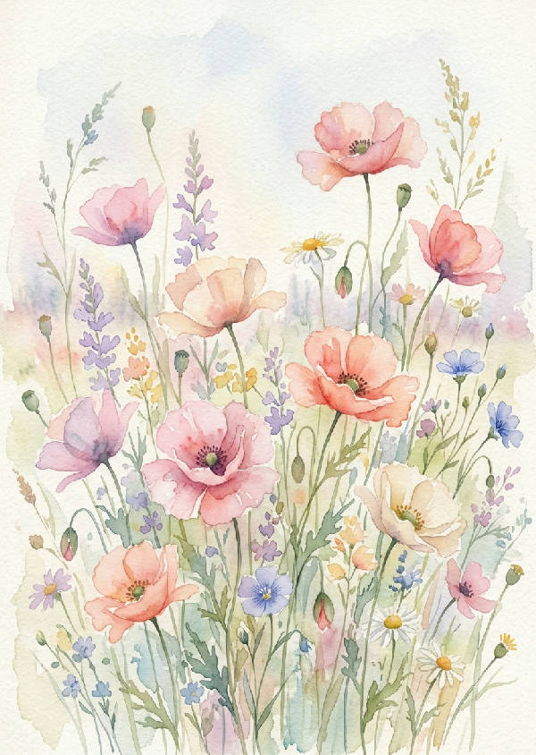 Närbild av skir akvarellmålning föreställande vilda ängsblommor i rosa, blått och gult.