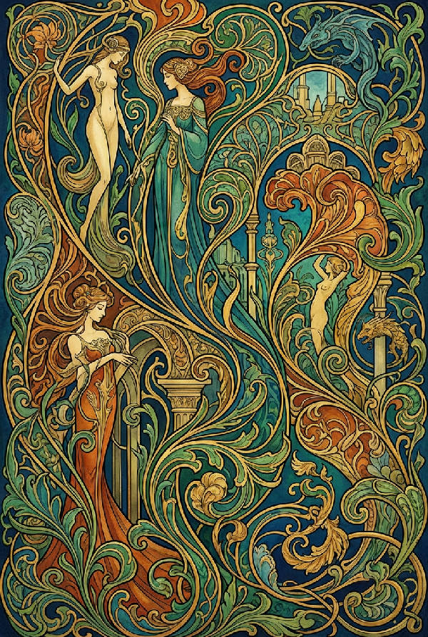 En elegant Art Nouveau-poster som visar stiliserade kvinnor med flödande guldiga linjer och gröna blad på en drömsk bakgrund.