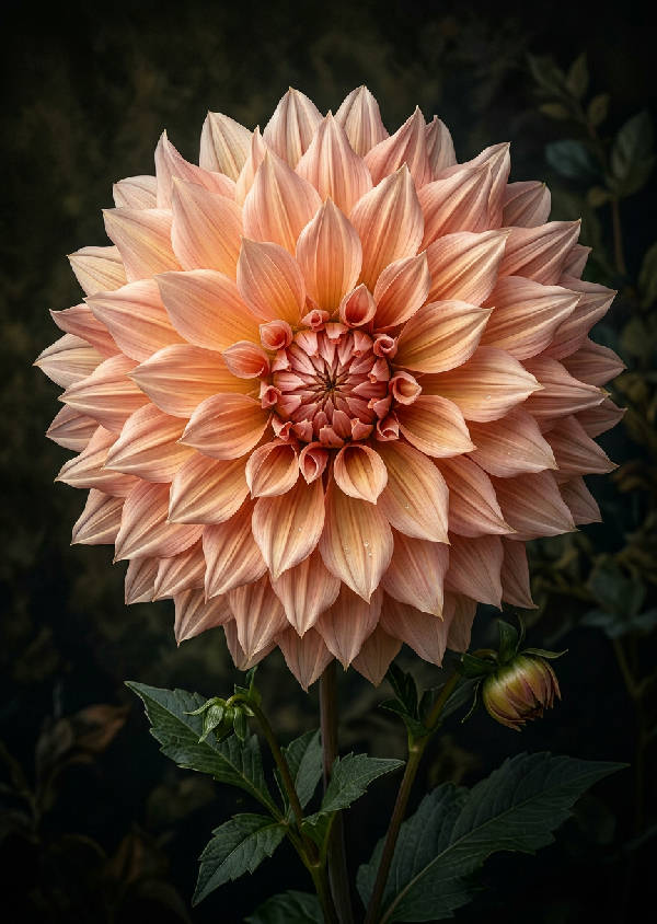 Närbild av en stor, lila blomma med många kronblad i full blom mot en mörk, suddig bakgrund