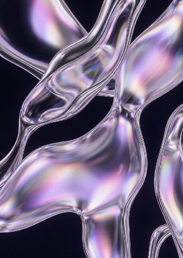 3D-rendering av amorfa former i flytande krom och iriserande glas med mjukt rosa och silvrigt holografiskt ljus som bryts.