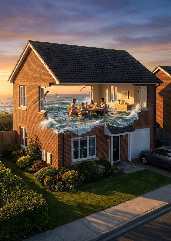 Hyperrealistiskt foto av ett vardagligt hus med ett flytande öppet hav som andra våning, vågor som slår mot väggar, måsar som flyger genom fönster, och en familj som äter middag vid vattnet, första våningen är normal och torr.