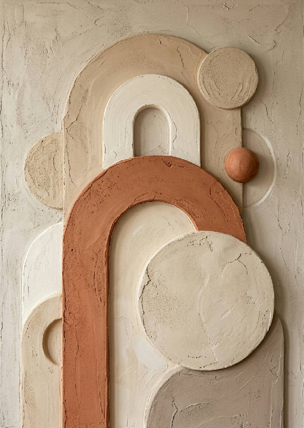 Abstrakt poster med vertikala geometriska valv i olika bruna och beige toner, skapar ett djup och lugn känsla.