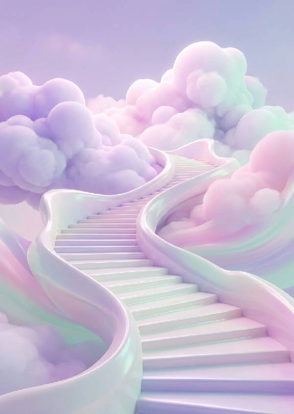 Surrealistisk 3D-renderad trappa som slingrar sig upp mot en himmel med stora, glödande moln i pastellfärger.