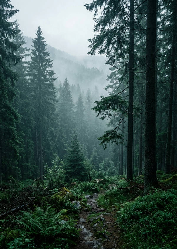 Vertikal bild av en tät tallskog insvept i dimma, med frodiga, djupa smaragdgröna färgtoner som dominerar scenen.