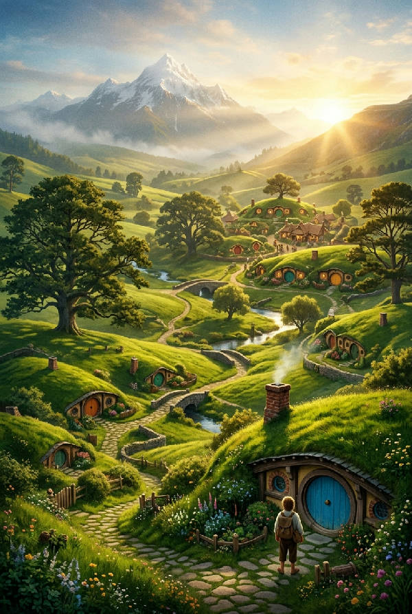 Målerisk fantasybild av ett böljande grönt hobbitlandskap med ett inbjudande hus i en sluttning.