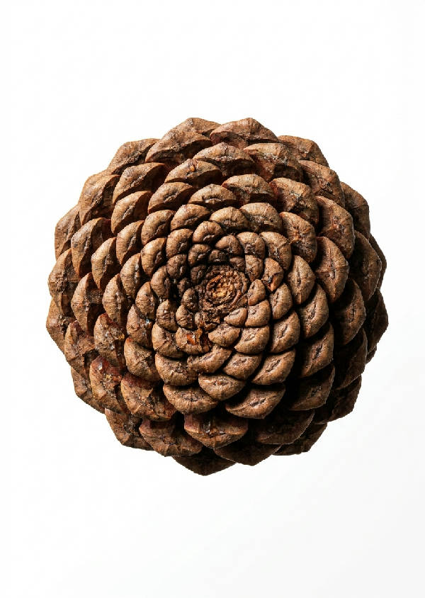 Enkel, stiliserad tallkotte sedd snett ovanifrån med betoning på Fibonacci-spiraler i dess fjäll. Starka kontraster och skuggor från dramatiskt ljus på vit bakgrund. Jordbruna och rödbruna toner med tydlig textur.