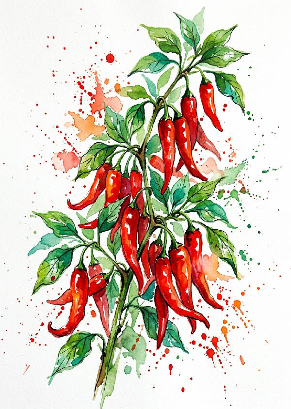 Närbild av starkt röda chilipepparfrukter i akvarellstil med färgstänk och droppar som skapar intryck av rörelse och hetta.