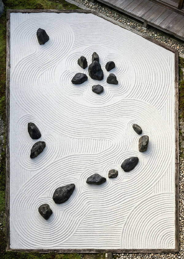 En detaljerad bild av en zen-trädgård med grönskande buskar, formade stenar och räfflad sand i ett lugnt porträttformat.