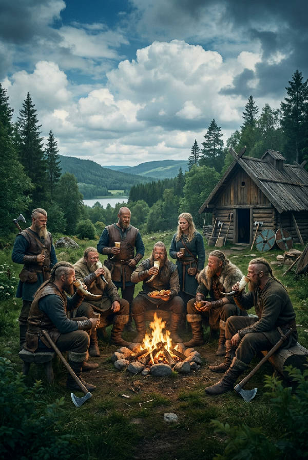 Fotorealistisk bild av fullt utrustade vikingar i ett stämningsfullt svenskt skogslandskap med mossiga stenar och höga granar.