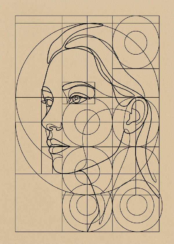 Abstrakt poster med svarta tunna linjer som bildar ett komplext geometriskt rutnät mot en ljus, neutral bakgrund.