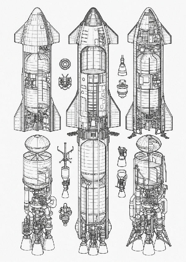 Detaljerade svartvita schematiska ritningar av SpaceX Starship-raketen i porträttformat