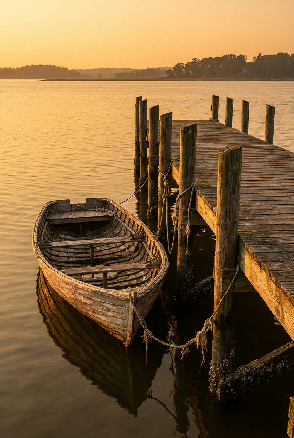 Fotorealistisk bild av en gammal träbrygga och en gammal träbåt förtöjd vid den, lugnt vatten