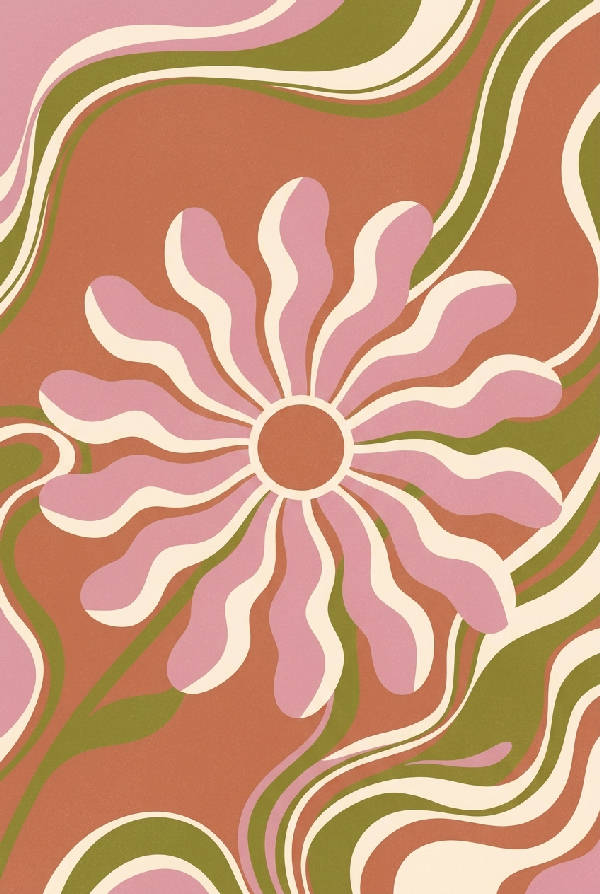 1970-talsstil botanisk illustration av en stor stiliserad prästkrage med vågiga linjer i dammig rosa och olivgrönt.