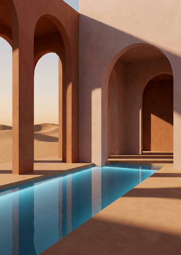 Hyperrealistisk digital illustration av ett surrealistiskt medelhavs badhus i en minimalistisk öken. släta terracotta bågar som ramar in en stilla, glödande pool av vatten med utsikt över oändliga sanddyner, gyllene timmesljus.
