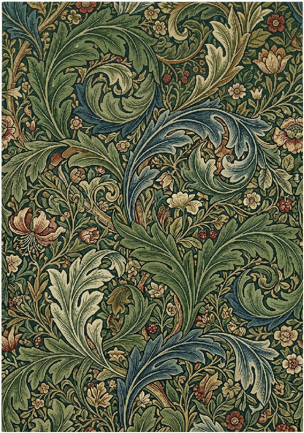 Detaljerad illustration av William Morris Akantus mönster med sammanflätade löv i gröna nyanser