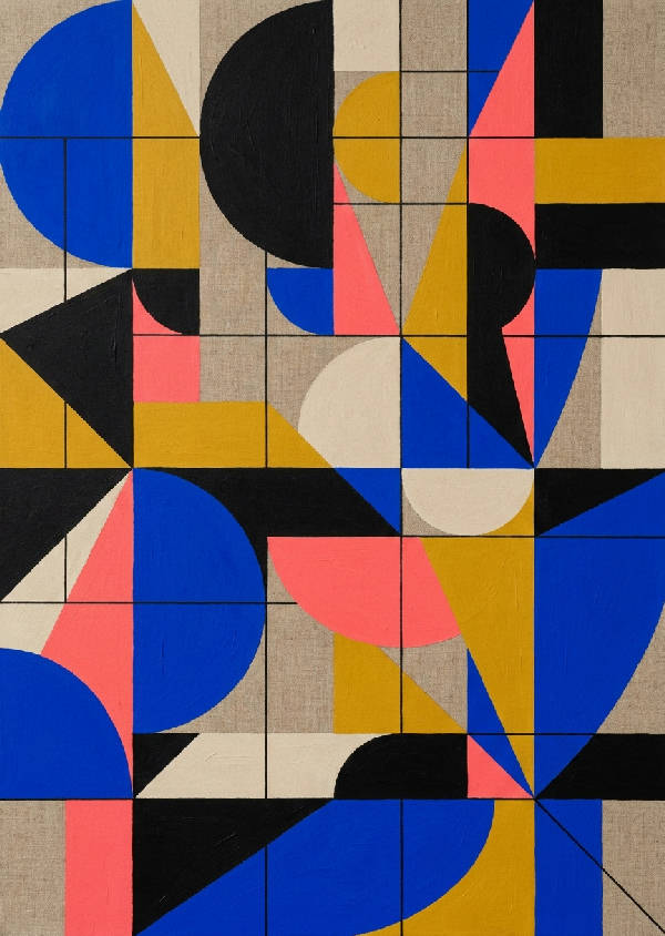 Abstrakt geometrisk komposition inspirerad av ett korallrev med ultramarinblått, svart, senapsgult, korallrosa och oblekt kanvasbeige i porträttorientering.